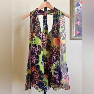 Diane Von Furstenberg Blouse with Scarf Silk Sleeveless Print Multicolor Size 10